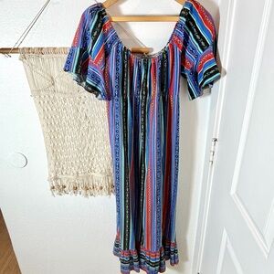 🌞✌🏼 70s Handmade Vintage Bohemian Gypsy Stripe Boho Maxi Dress Blue Multicolor M